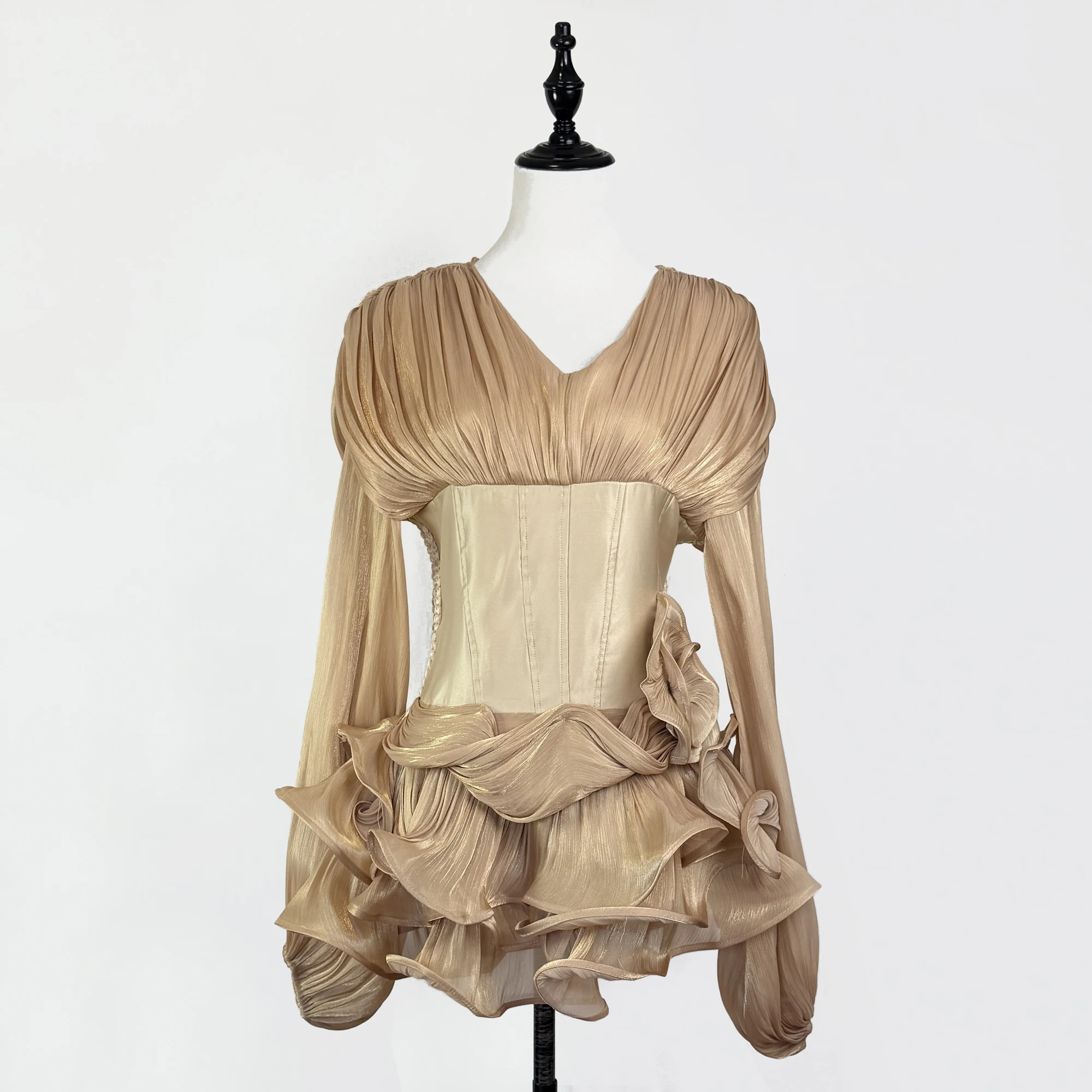 Luxury Satin Solid Slimming Ball Gown Dress for Women's V-Neck Long Sleeve Patchwork 3D Flower Zipper Mini Dress Female Clothes