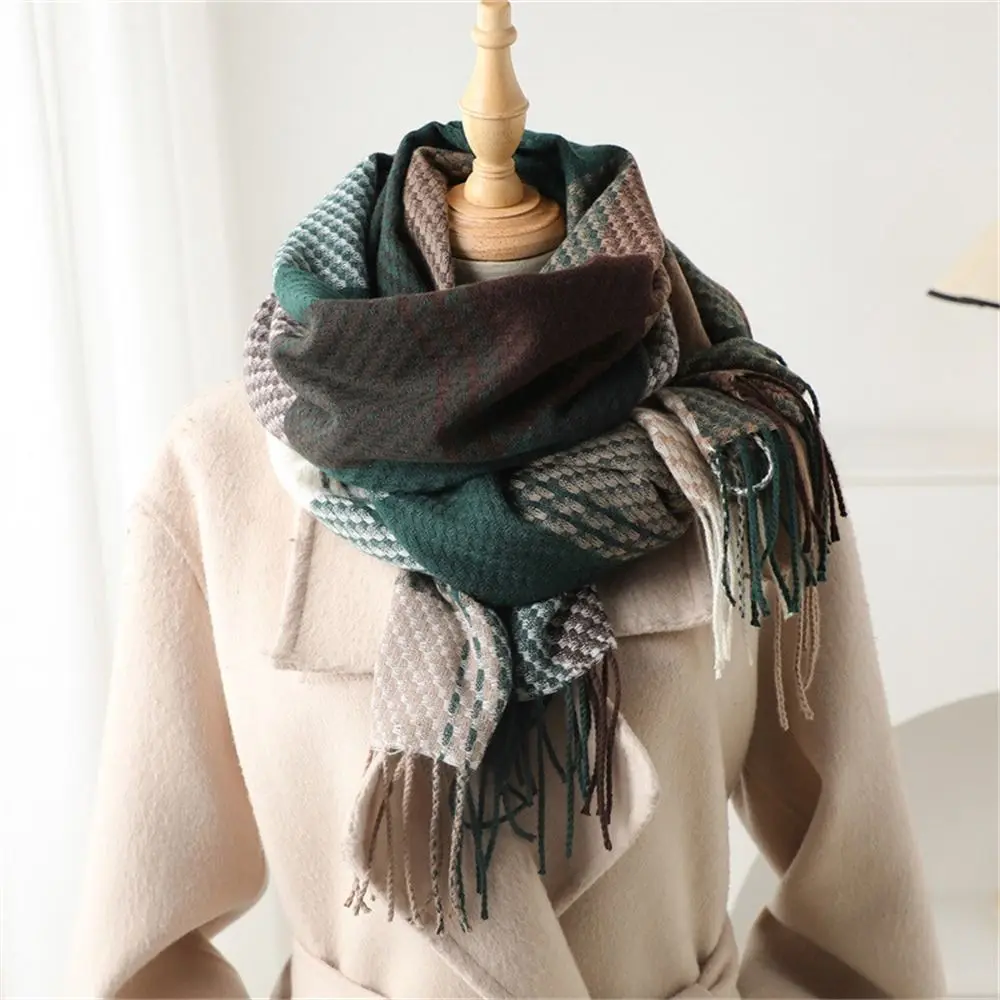 Fashion Winter Warm Tassel Plaid Scarfs Solid Cashmere Imitation Scarves Nordic Style Pashmina for Women