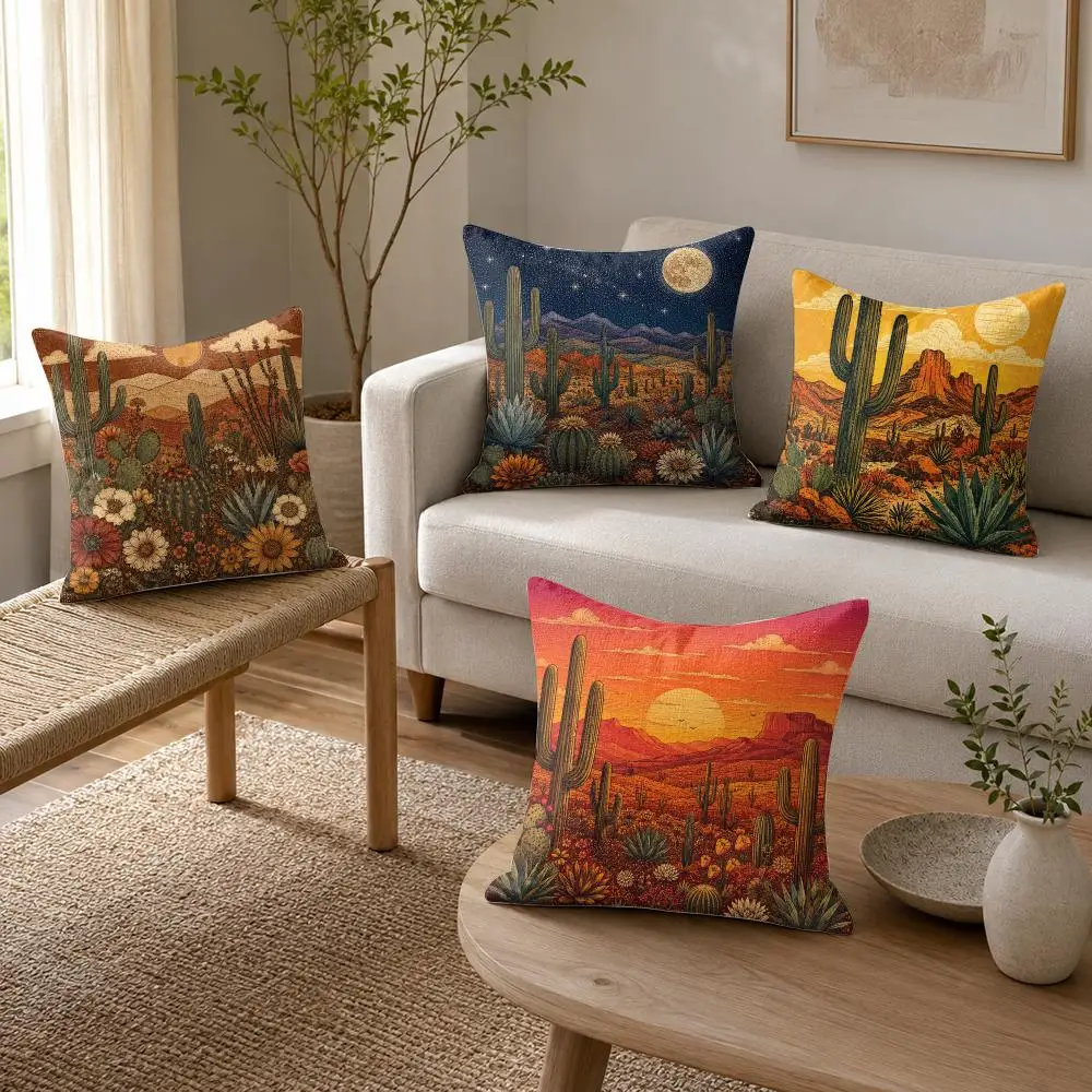 Boho Desert Cactus Cushion Cover Organic Linen Throw Pillow Cover - Double-Sided Print Breathable Cushion Case Home Decor