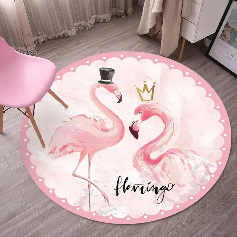 Pink Flamingo Nordic Round Carpet Cartoon Animals Children Game Carpets Chair Mat Round Area Rug for Bedroom Anti-slip Door Mat