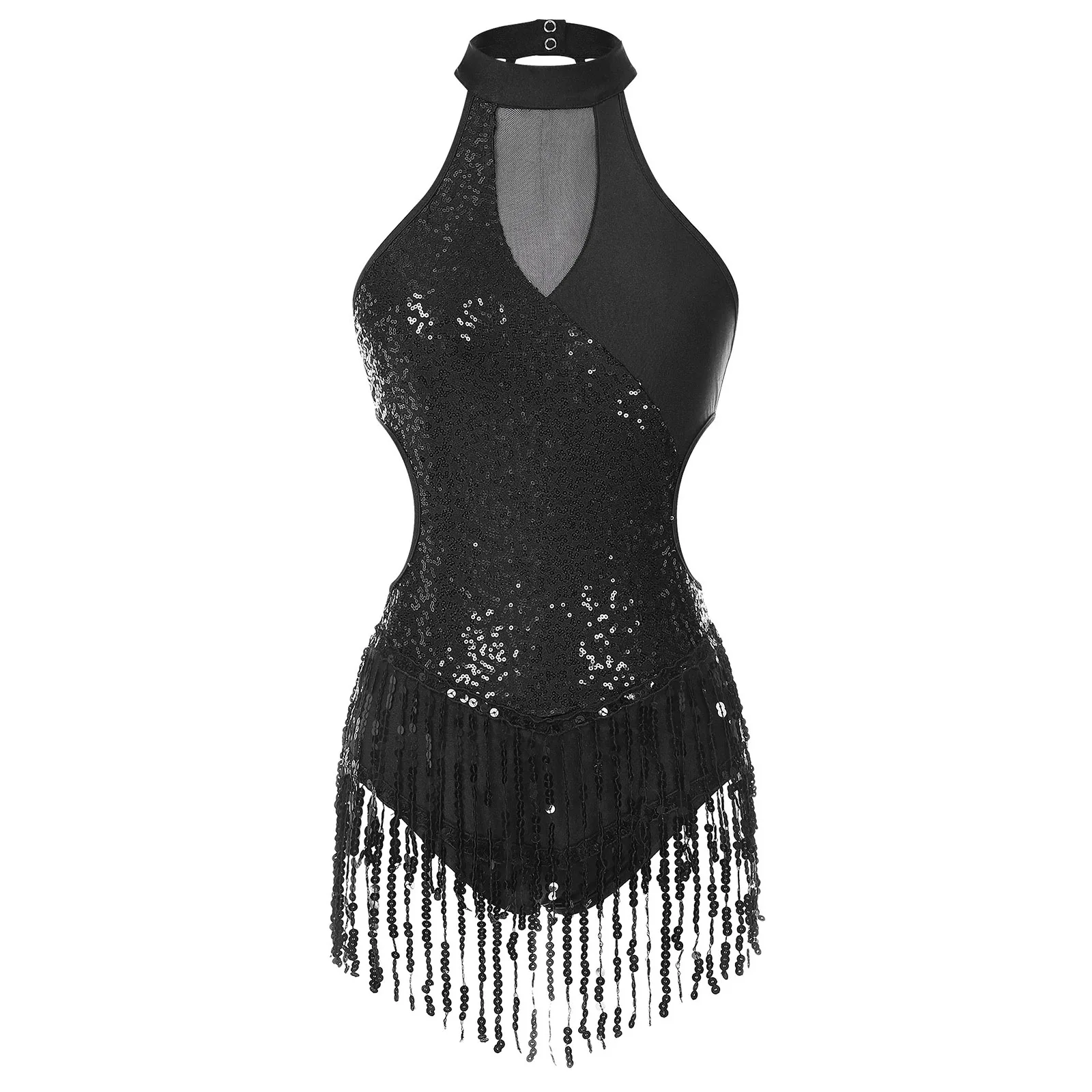 ผู้หญิง Samba บอลรูม Latin Dance Fringed เครื่องแต่งกาย Rumba Sequins Leotard Tango บอดี้สูท Cha-Cha เต้นรํา STAGE Performance ถุงมือ