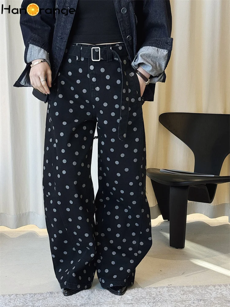 

HanOrange 2026 Spring Fashion High Waist with Belt Polka Jeans Women Loose Silhouette Denim Pants White/Black