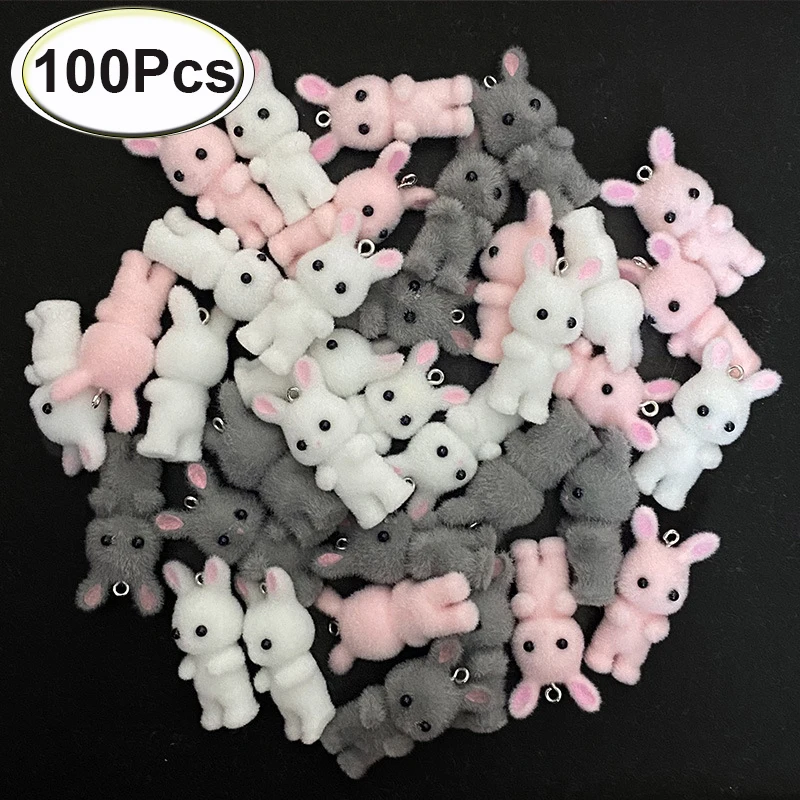 100Pcs Wholesale 3D Flocked Rabbit Doll Resin Charms Bulk Cute Animals Pendants for Phone Keychains Necklace DIY Jewelry Making