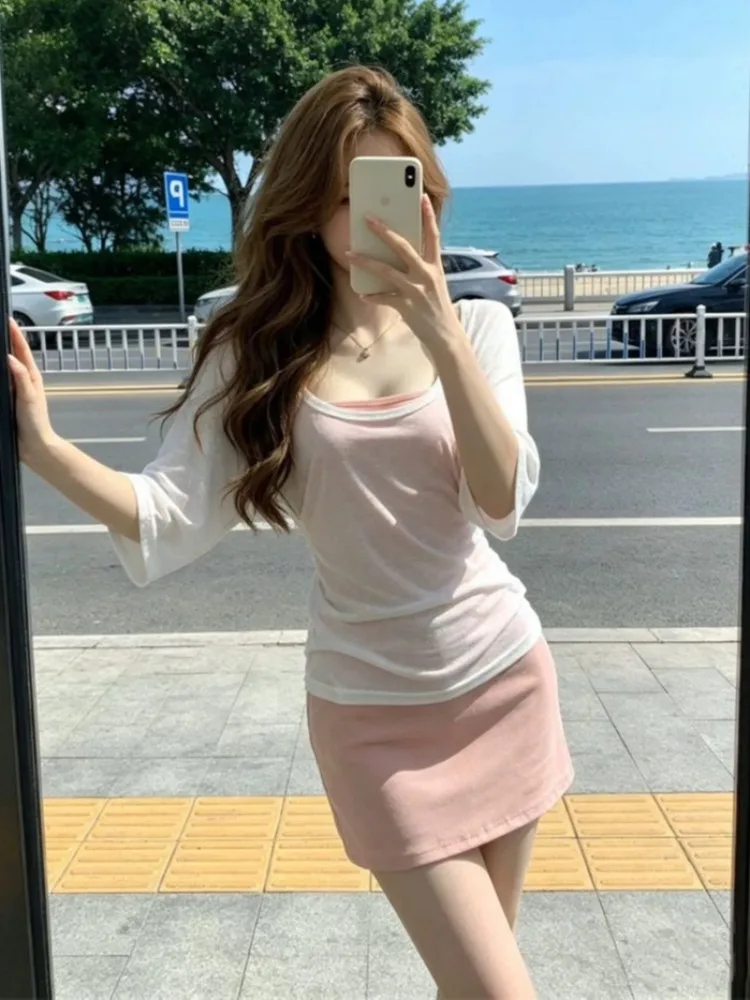 

Summer Thin Pure Desire Hot Girl Design Top And Halter Cover up Two Piece Set Women's Beachwear Short Sleeve round Neck T-Shirt