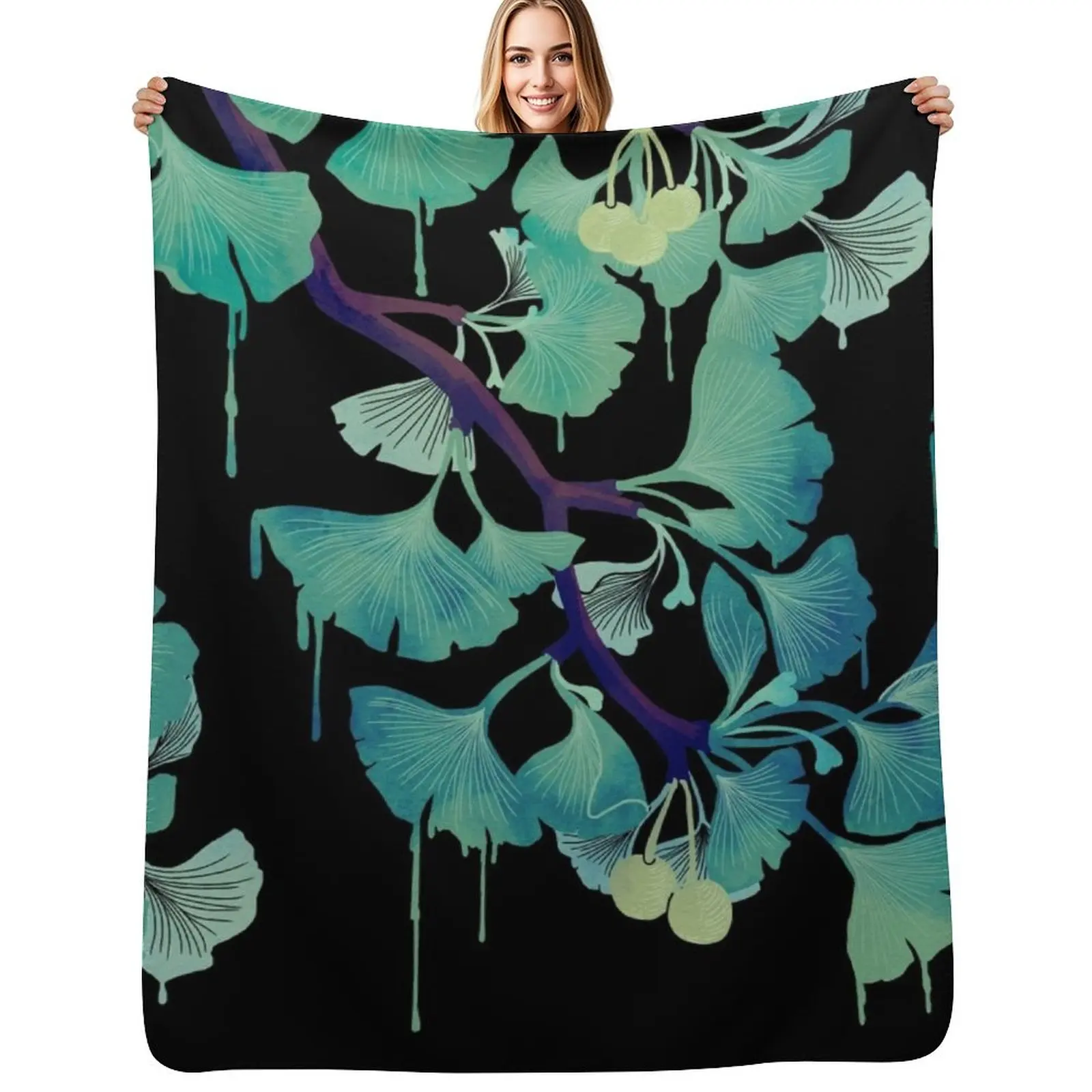 O Ginkgo (on Black) Throw Blanket Ultra Plush Cozy Blanket for Napping Sleeping
