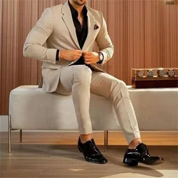 Formal Beige Men Suits 2 Pieces Jacket Pants Sets For Wedding Notched Lapel Male Costume Homme Prom Party Blazers Slim Fit