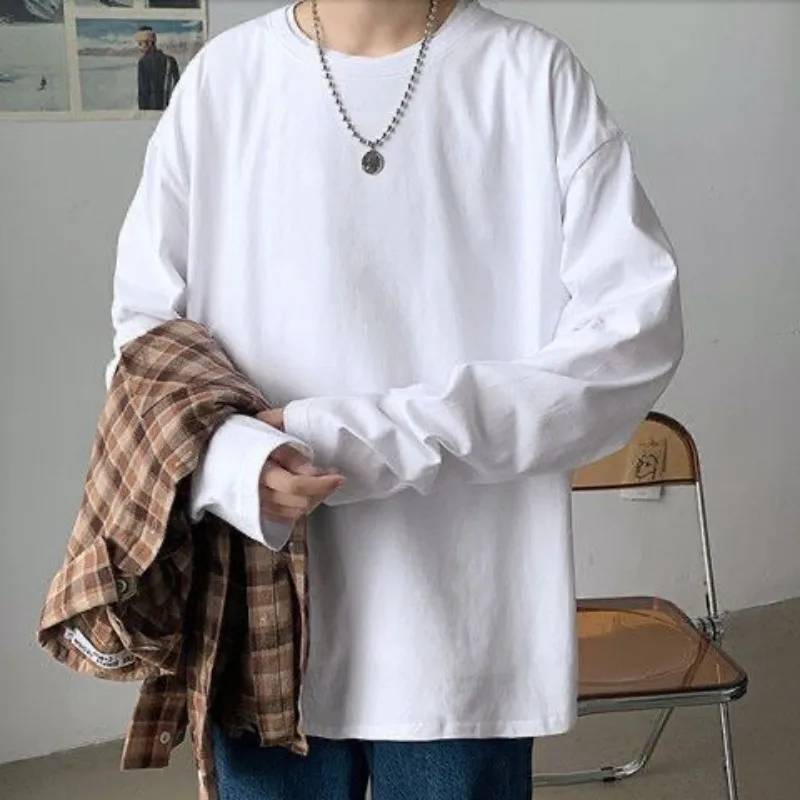 قميص رجالي بلون سادة للربيع والخريف بأكمام طويلة تي شيرت ياباني