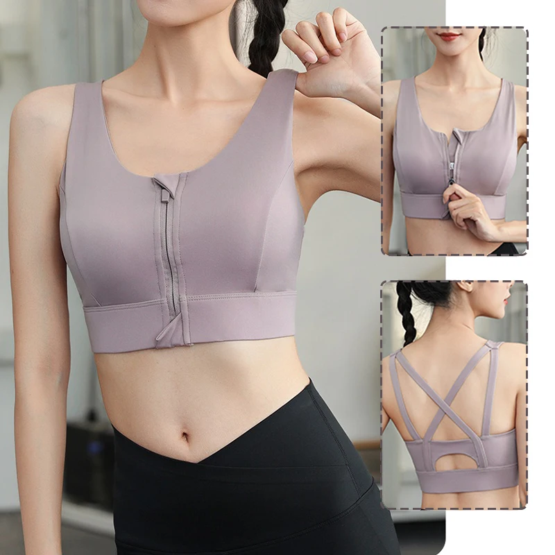 Aiithuug-Sujetador de Yoga entrecruzado con cremallera frontal y Copa integrada para mujer, ropa interior de alto impacto sin aros con tirantes para deporte, gimnasio y Pilates