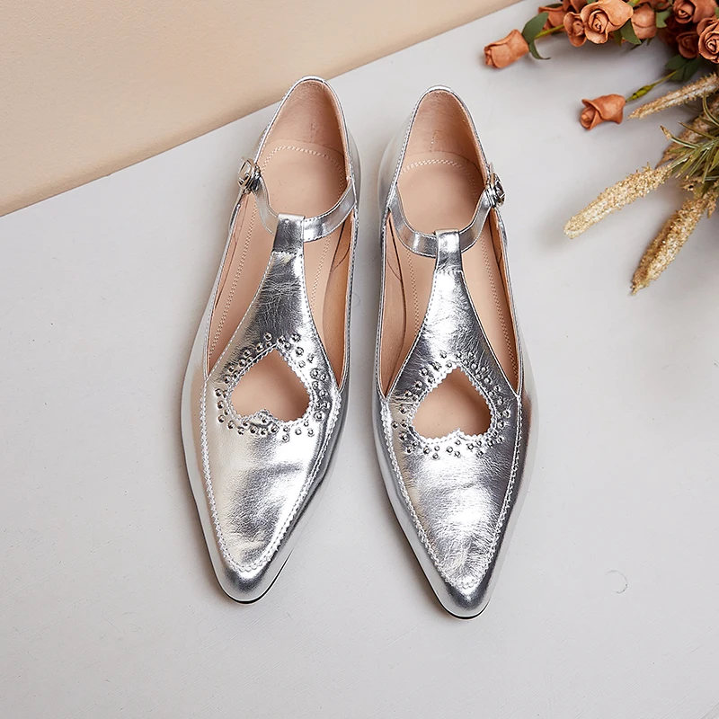 Woman Flat Shoes French Style Silver Simple Shoes Cow Leather Retro Flats Spring Autumn Buckle Strap Mary Jane Low Heels