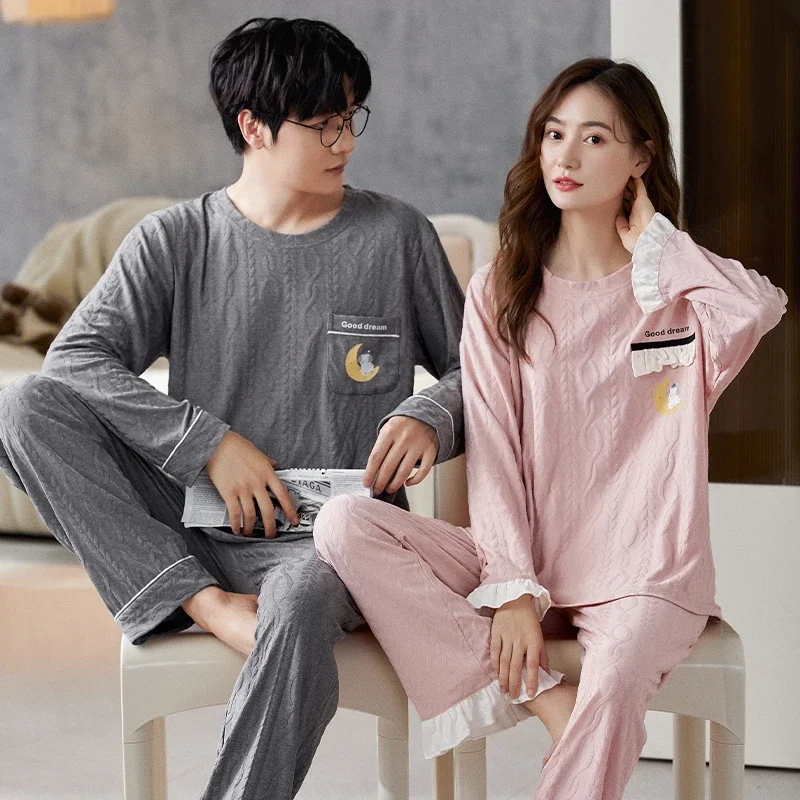 

Korean Fashion Sleepwear Women and Men Matching Pajamas Set Cotton Homewear For Couples Spring Autumn Soft Nightwear bedding set