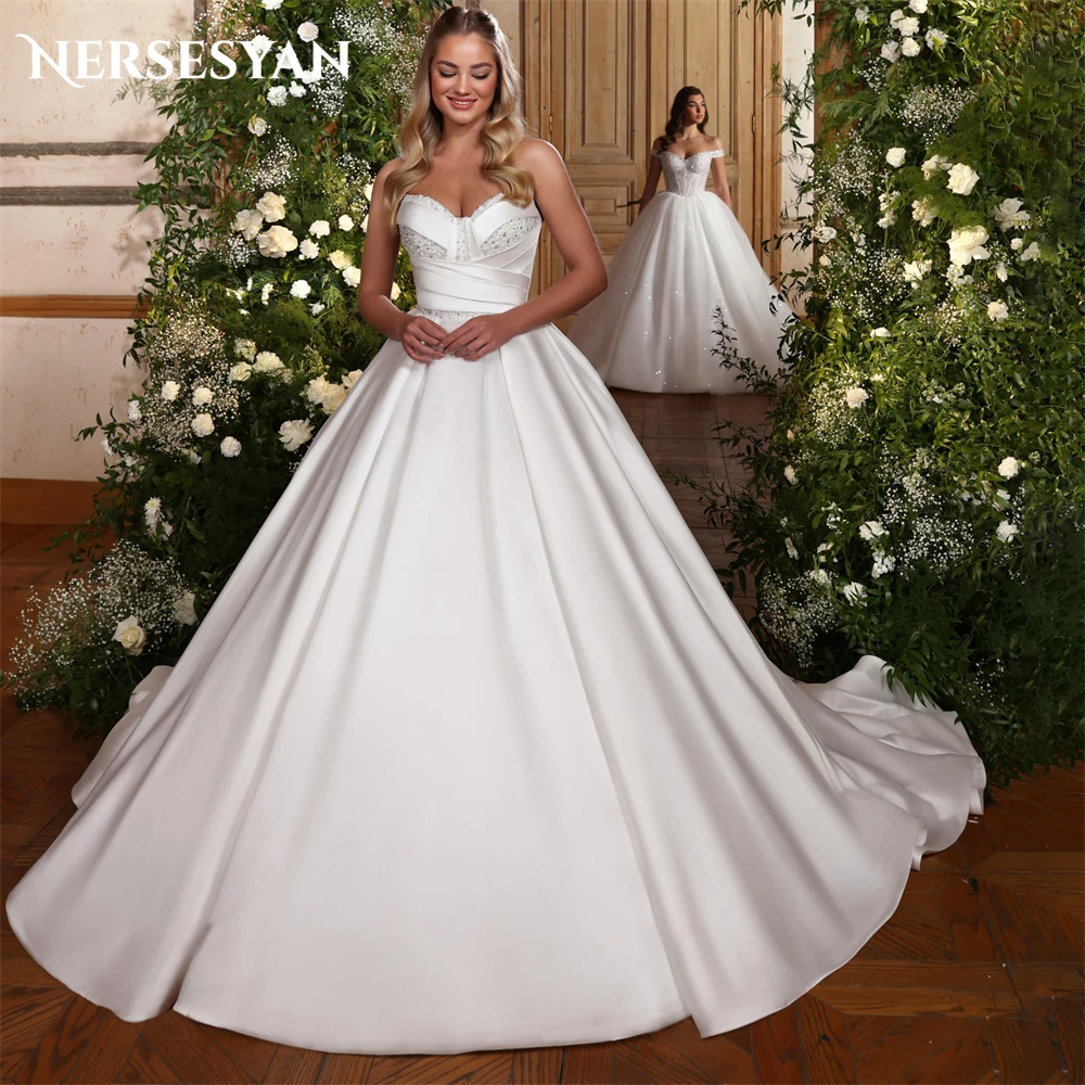 

Nersesyan Vintage Glitter Pure Wedding Dresses Off Shoulder A-Line Pleats Sequins Bridal Gowns Pearls Princess Bride Dress 2024