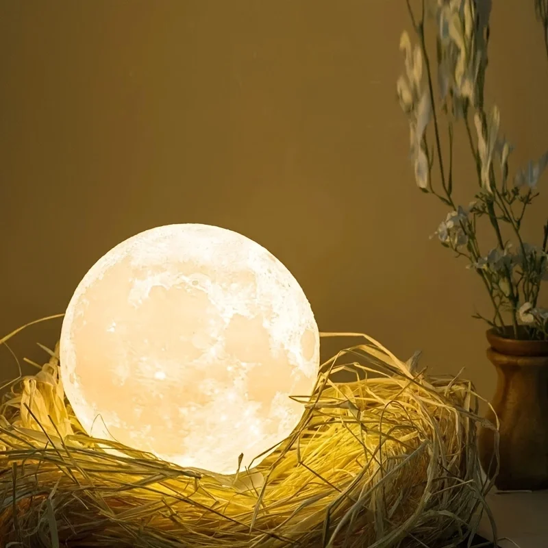 LED Night Light, 3D Printed Moon Lamp, 12CM, Battery - Powered, with Stand, Night Light, Warm Light, Bedroom Decoration Gift