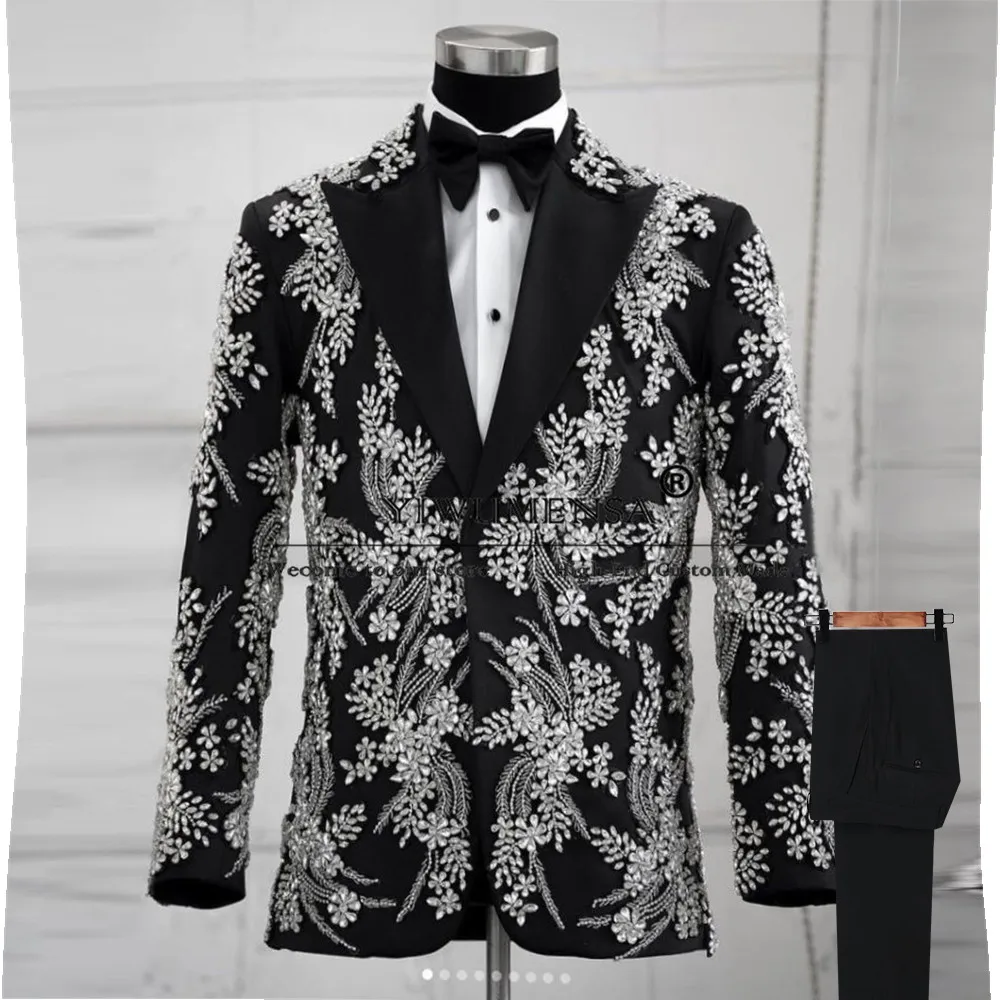 

Sliver Applique Beaded Groom Wedding Tuxedo Bespoke Single Breasted Jacket Pants 2 Piece Men's Suit Formal Party Prom Blazer Set