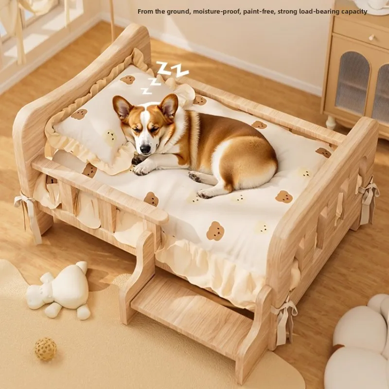 

Solid Wood Dog Bed All-Season Pet House for Small & Medium Dog Teddy & Bichon Sleeping Sofa with Staircase Raised Dog House