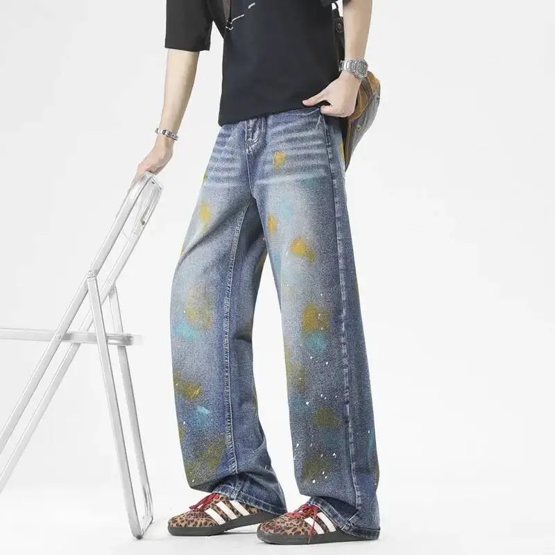 Men's Distressed Jeans Light Blue Washed Ink Splash Colorful Graffiti Loose Wide Leg Casual Streetwear Denim Trousers S53H