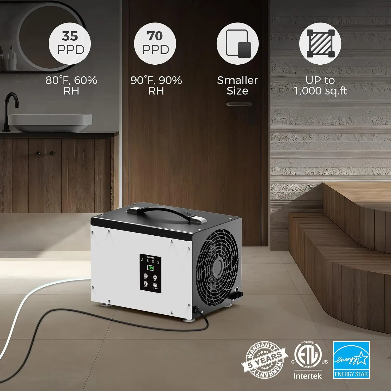 Basement Dehumidifier 70 Pint Dehumidifier with Pump, Automatic Defrost, Up to 1000 Sq Ft Commercial