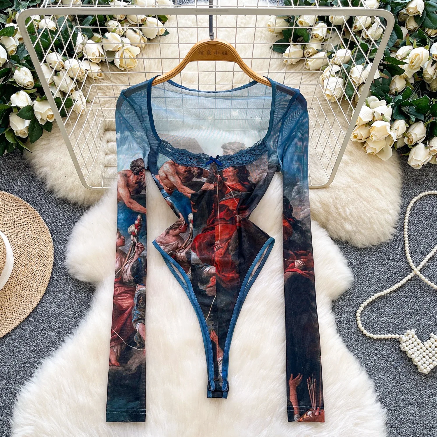 

V-neck Printed Mesh Long Sleeve Bodysuits Woman One Piece Body Shaper Jumpsuit Thongs Fashion Onesie High Street Slim Shapewear
