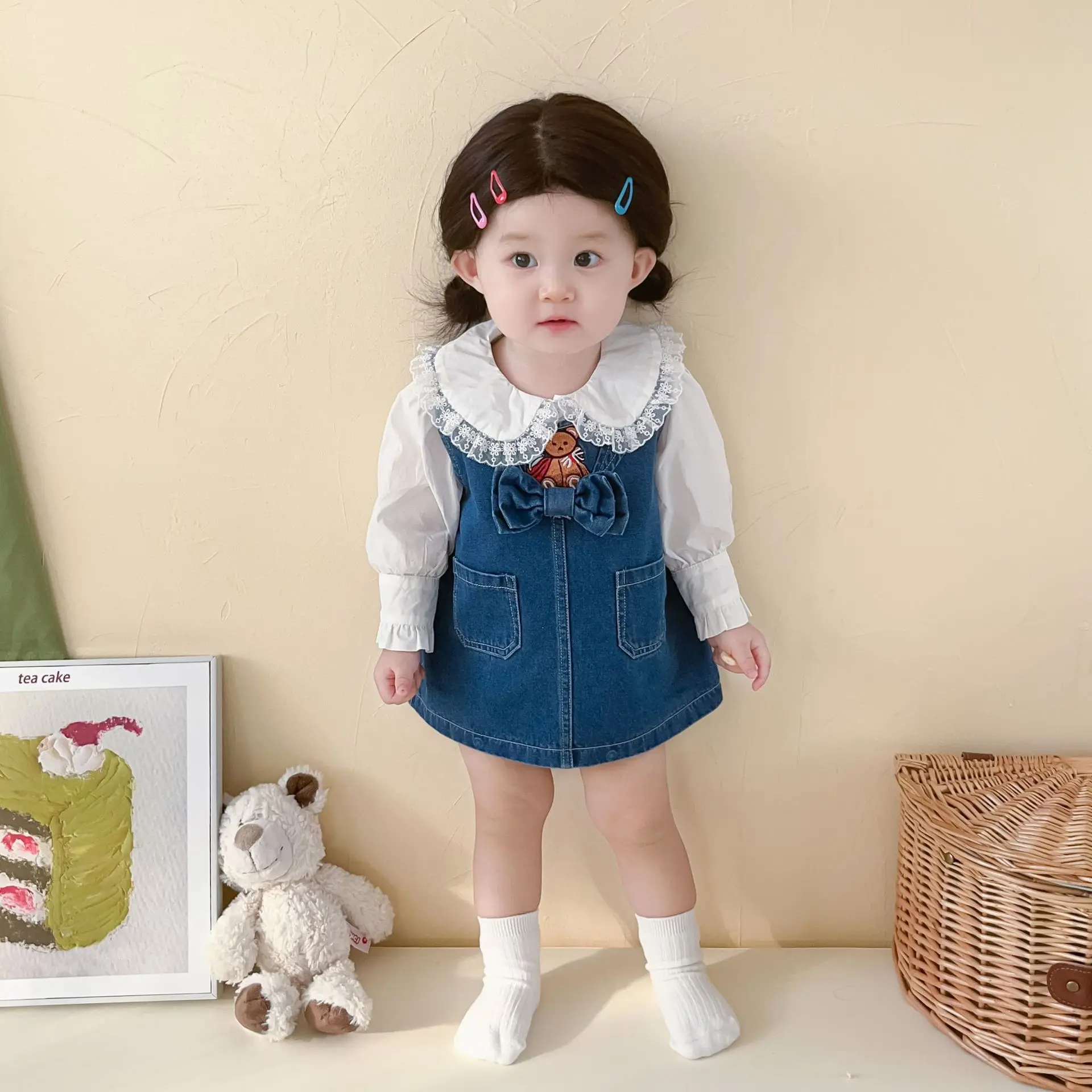 2024 Spring New Girls Clothes Set Baby Lace Shirts Fashion Girls Sleeveless Denim Dress Children Cute Bear Strap Dress Suit