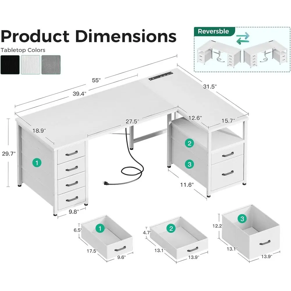 مكتب مكتب منزلي أبيض 55 على شكل حرف L مع 6 أدراج ورف قابل للعكس ومخرج طاقة
