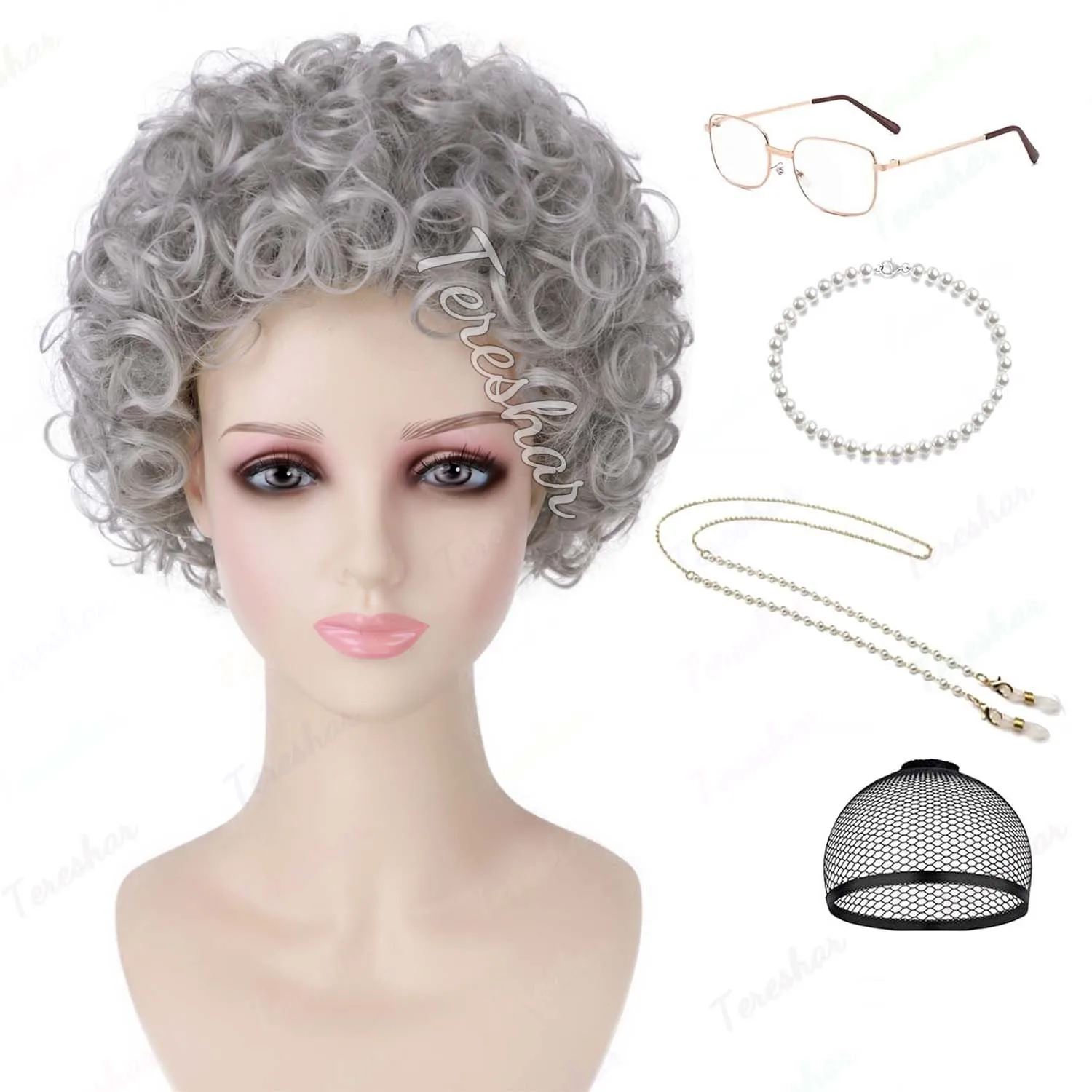 

Синтетический детский парик старых леди с 100-летним школьным набором для костюмов бабушки, бабушки, короткий вьющийся серый парик для косплея на Хэллоуин