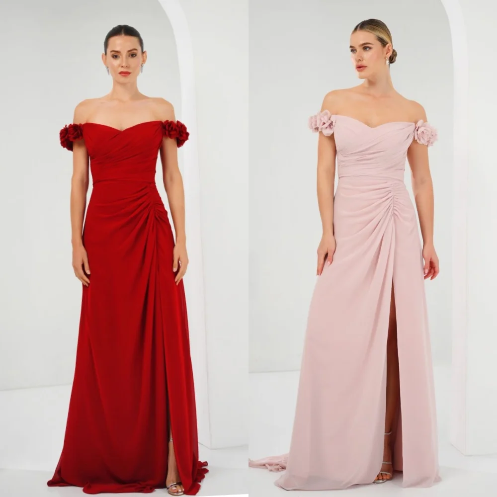 Customized Sexy Matching Jersey Pleat Fashion Ruched A-line Off-the-shoulder Long Dresses Bespoke Occasion Dresses Exquisite