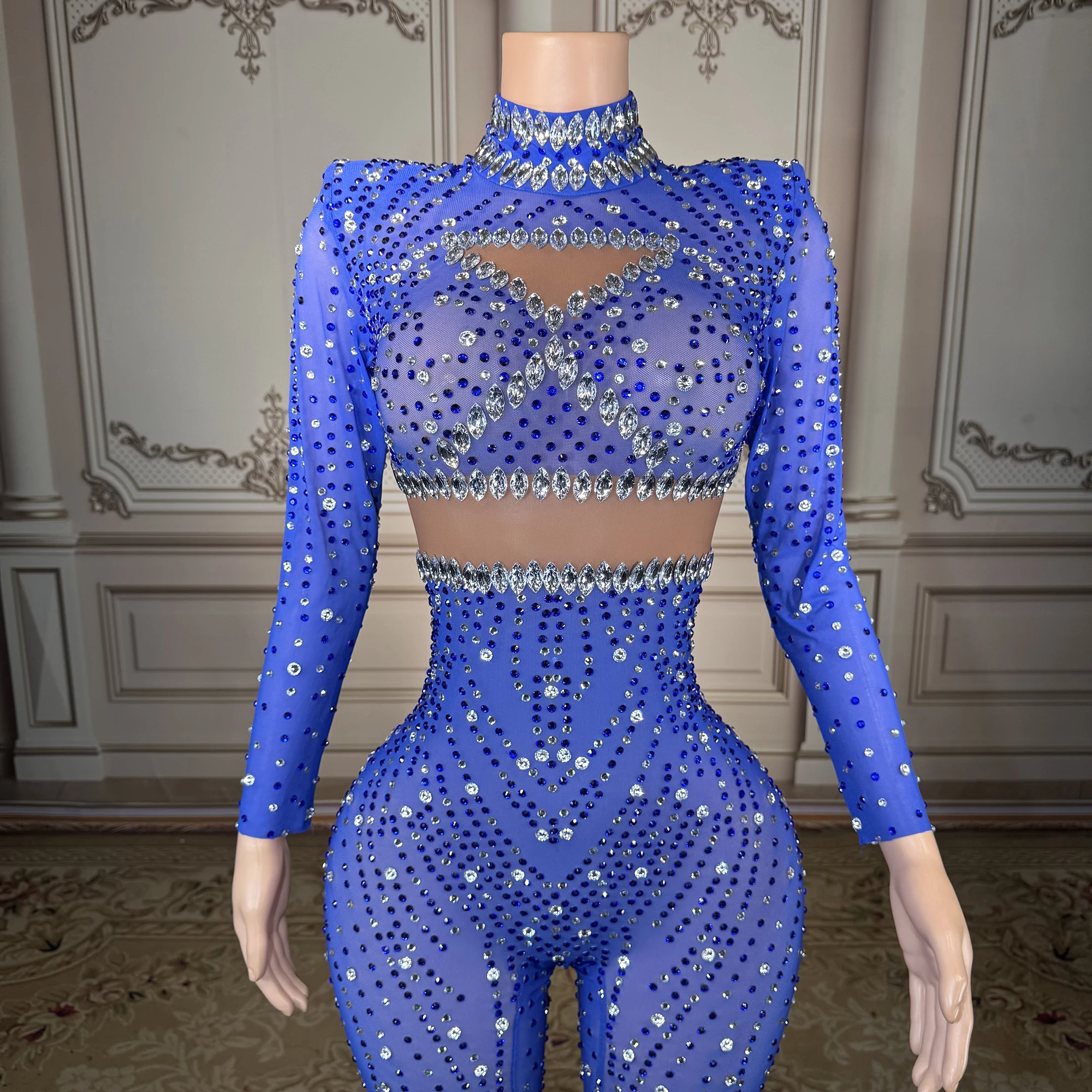 

ZD Performance Wear Women Long Sleeve With Gloves Romper Blue Big Party Rompers Women Jumpsuit Fashion for Stage