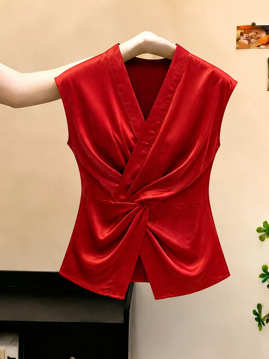 

Elegant Summer Sleeveless V-Neck Knot Top Commute High-End Slimming Shirt Korean Style Straight Cut Silk Women's Fashion