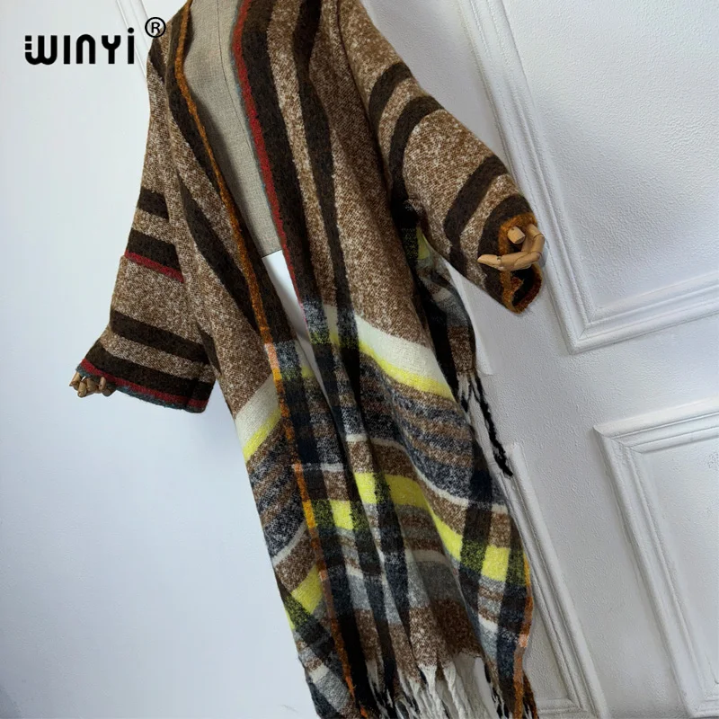 WINYI Winter African cardigan Classic plaid print abaya outfits for women Fringed coat Open Front Kimono long down party dress