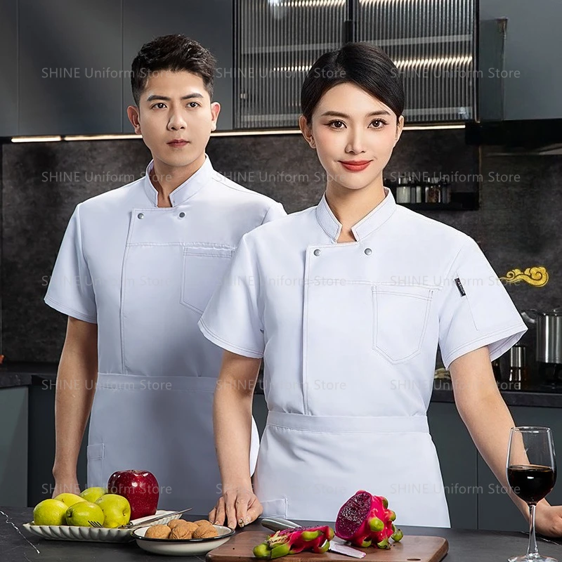 Abrigo de Chef transpirable para restaurante, delantal de uniforme de Chef negro, ropa de trabajo con logo, pantalones cortos de Chef, chaqueta de manga corta de cocina de verano para hombre