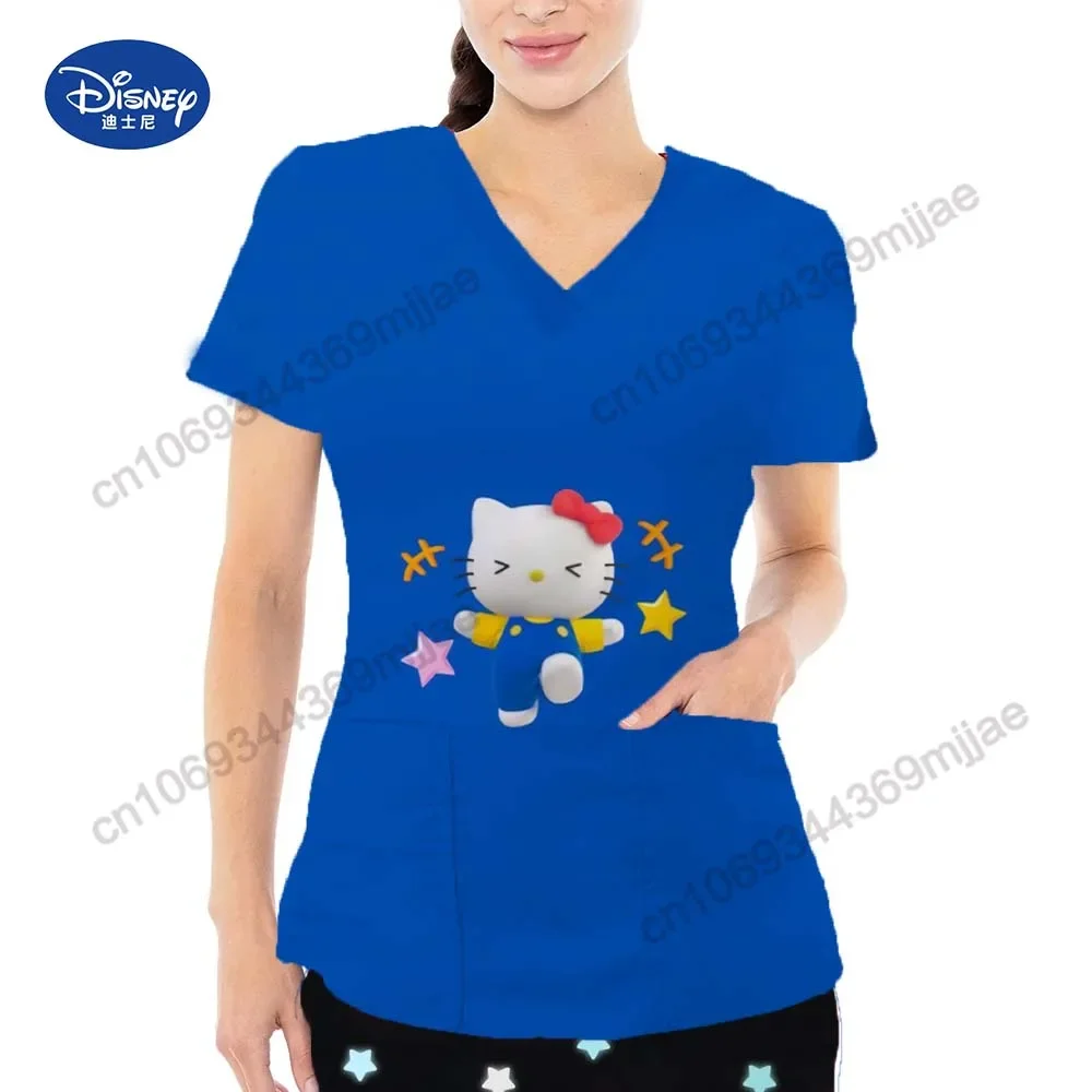 Fashion Hello Kitty Cartoon Pattern Printed Women's T-shirt 2024 Summer New V-neck Design Y2k style Top Women Nurse Uniform