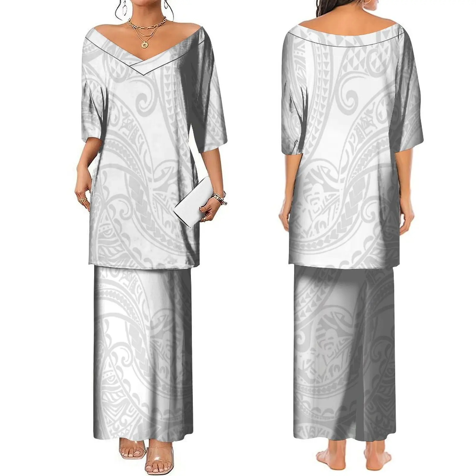 New Design Women'S Short Sleeve Dress Set High Quality Puletasi White Dress Polynesian Custom Mother'S Day Fashion Women'S Dress