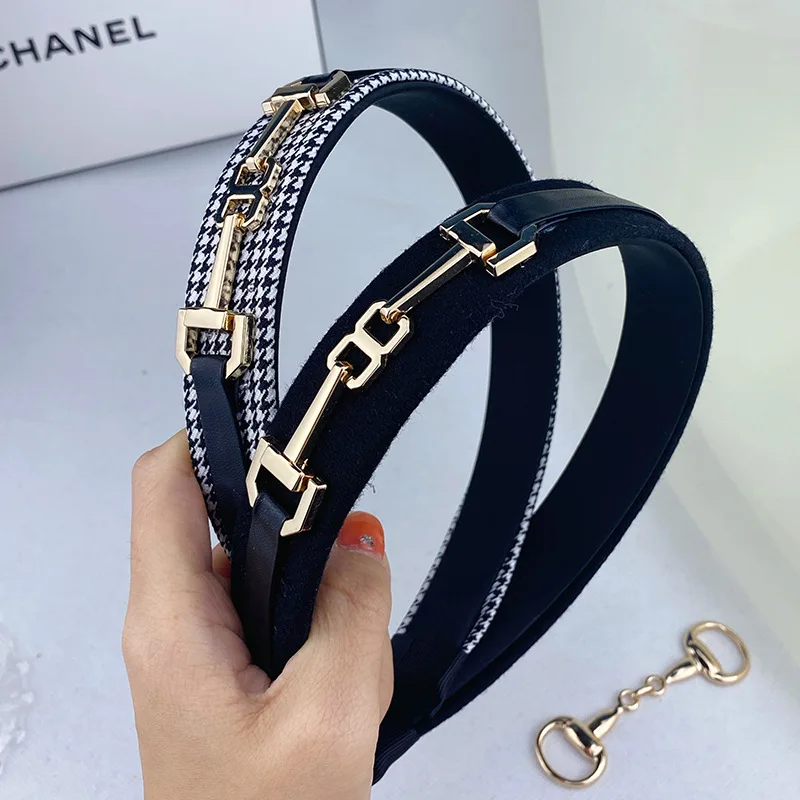 Fashion Velvet PU Leather Metal Buckle Satin Hairband Adult Men and Women Head Band Thousand Bird Grid Style Hair Hoop Headdress