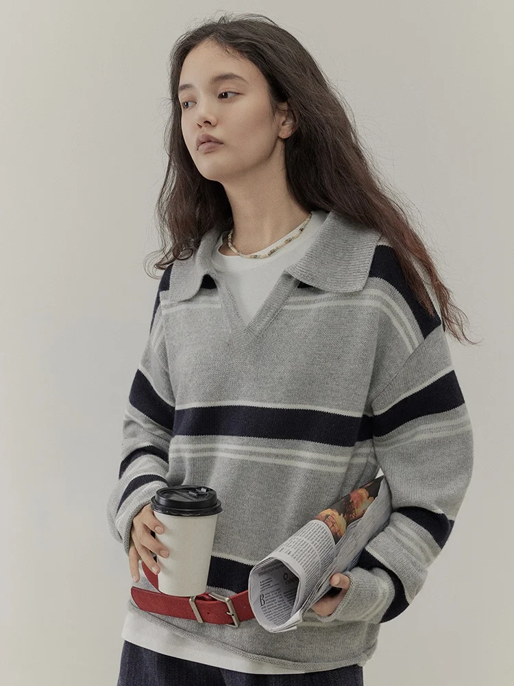 

Свободный повседневный вязаный свитер с V-образным вырезом в полоску для женщин, новинка весна-осень, ретро-пуловер, теплый топ с длинными рукавами