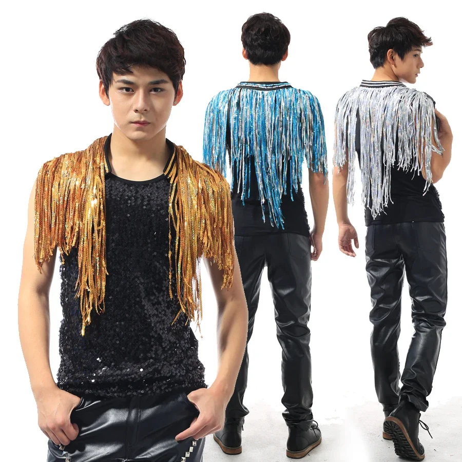 Beyonce Bar Singer DS Costume Men'S Flash Drill Super Long Fringe Tassel Vest Jacket Men Rave Clothes Jazz Sequin Tops DNV10064