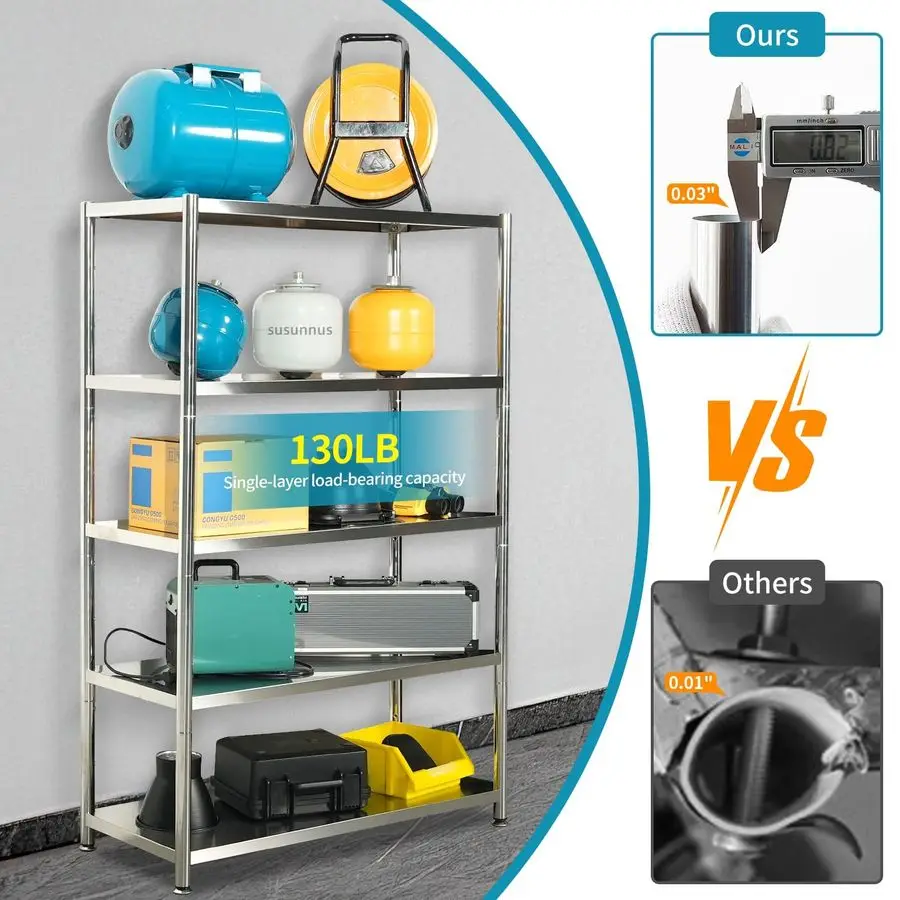 5-laags roestvrijstalen plank, zware rekken voor keuken, garage, industriële opslag, keukenplanken verstelbare voeten, gemakkelijk