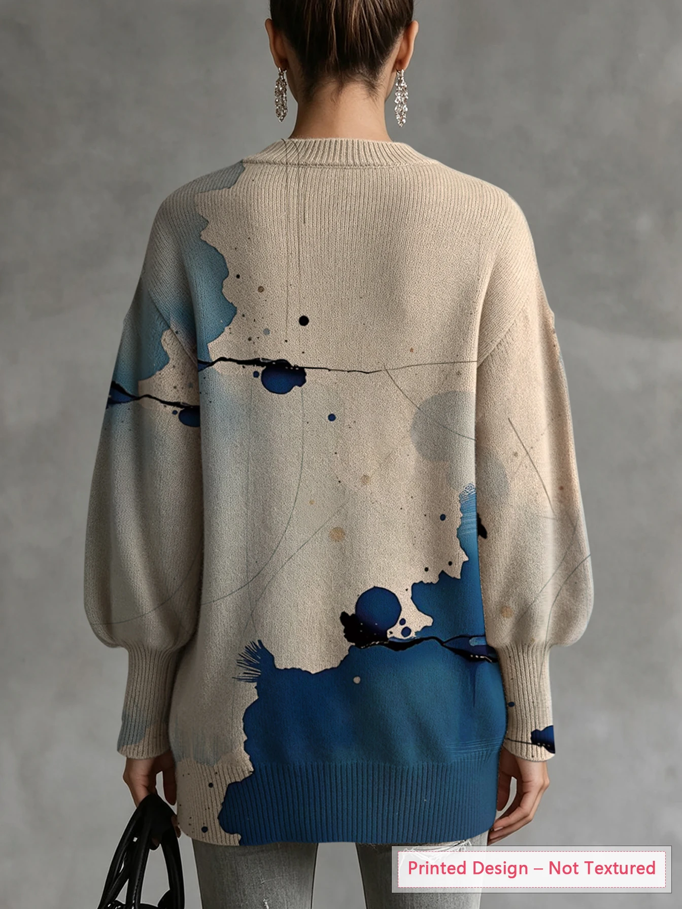 Women's Thin Sweater with Artistic Gradient Color-Blocking Print, Vintage Casual Style, Diagonal Hem and Lantern Sleeve Design, Suitable for Autumn and Winter Wear