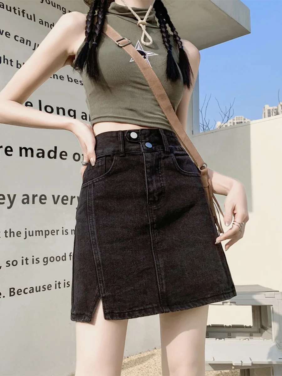 

High Waist A-Line Skirt for Women Casual Style Zipper Pocket Design Denim Fabric Side Slit Skirts Summer Collection