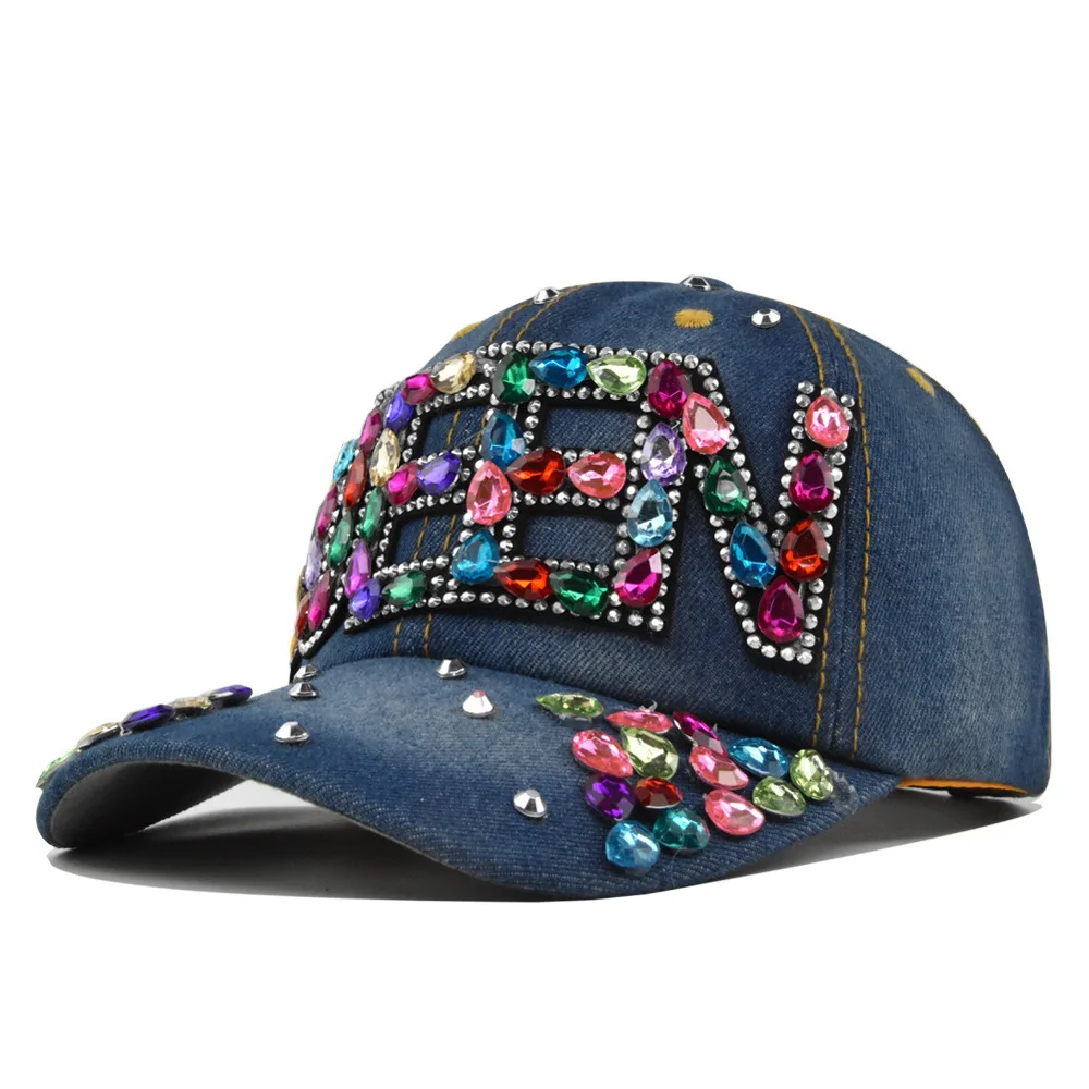 

Rhinestone Baseball QUEEN Duckbill Cap Glitter Pattern Personality Couple Curved Brim Sun Hat