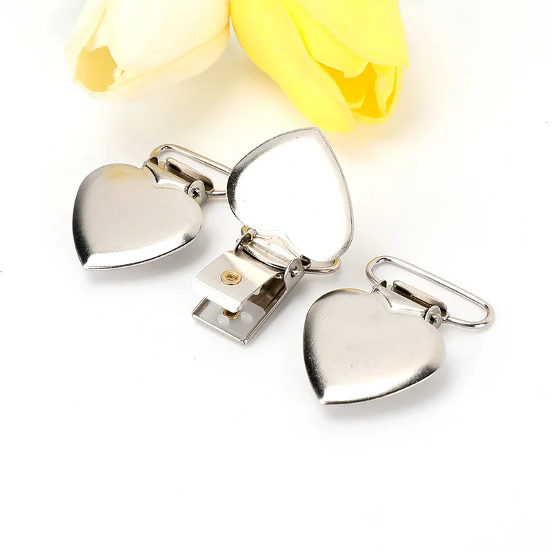 20pcs DIY Silver Metal Peach Heart Suspender Braces Clips Holder Plastic Teeth Metal Pacifier Clips