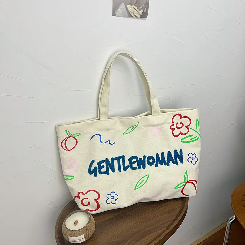 Crossbody Bag Canvas Embroidery 2023 New Fashion Trendy Letter Cloth Bag Casual Student Shoulder Bag Large Capacity Shopping Bag