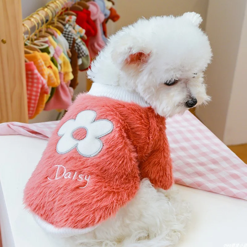 1PC Pet Clothing Autumn/Winter Pink Pullover Plush Flower Round Neck Shirt Suitable for Small and Medium Dogs