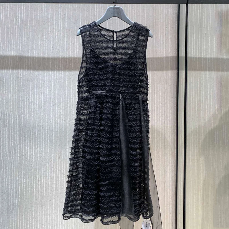 

Ouoma Sch Fall 2025 Women's Slim Fit round Ne Svel Belted Lace Small Fraance Sle Dr Two Piece Set Luxury Casual