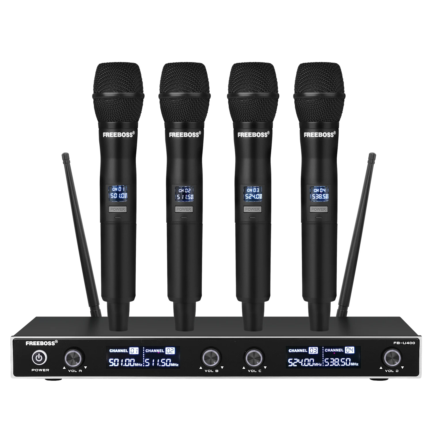 FREEBOSS UHF Fixed Frequency Karaoke Professional Wireless Microphone Radio Handheld Dynamic 4 Channel Cordless Mic FB-U400