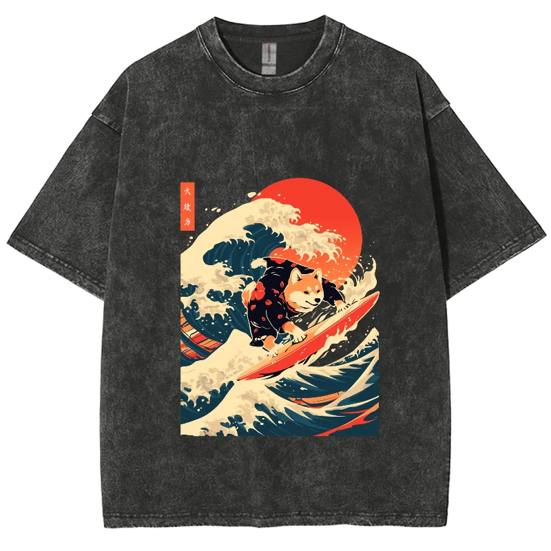 Japanese Wind Waves Sunset Print Cotton Wash Denim T-Shirt Oversized Unisex Half Sleeve High Quality Casual Fashion Retro Top