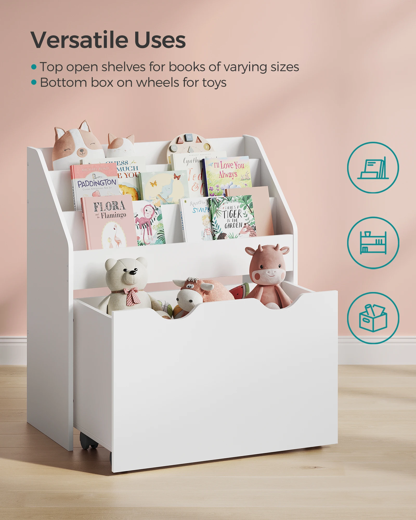 SONGMICS estantería y organizador de juguetes para niños, cofre de almacenamiento de juguetes y librería con 3 estantes, caja de almacenamiento con ruedas, multiusos