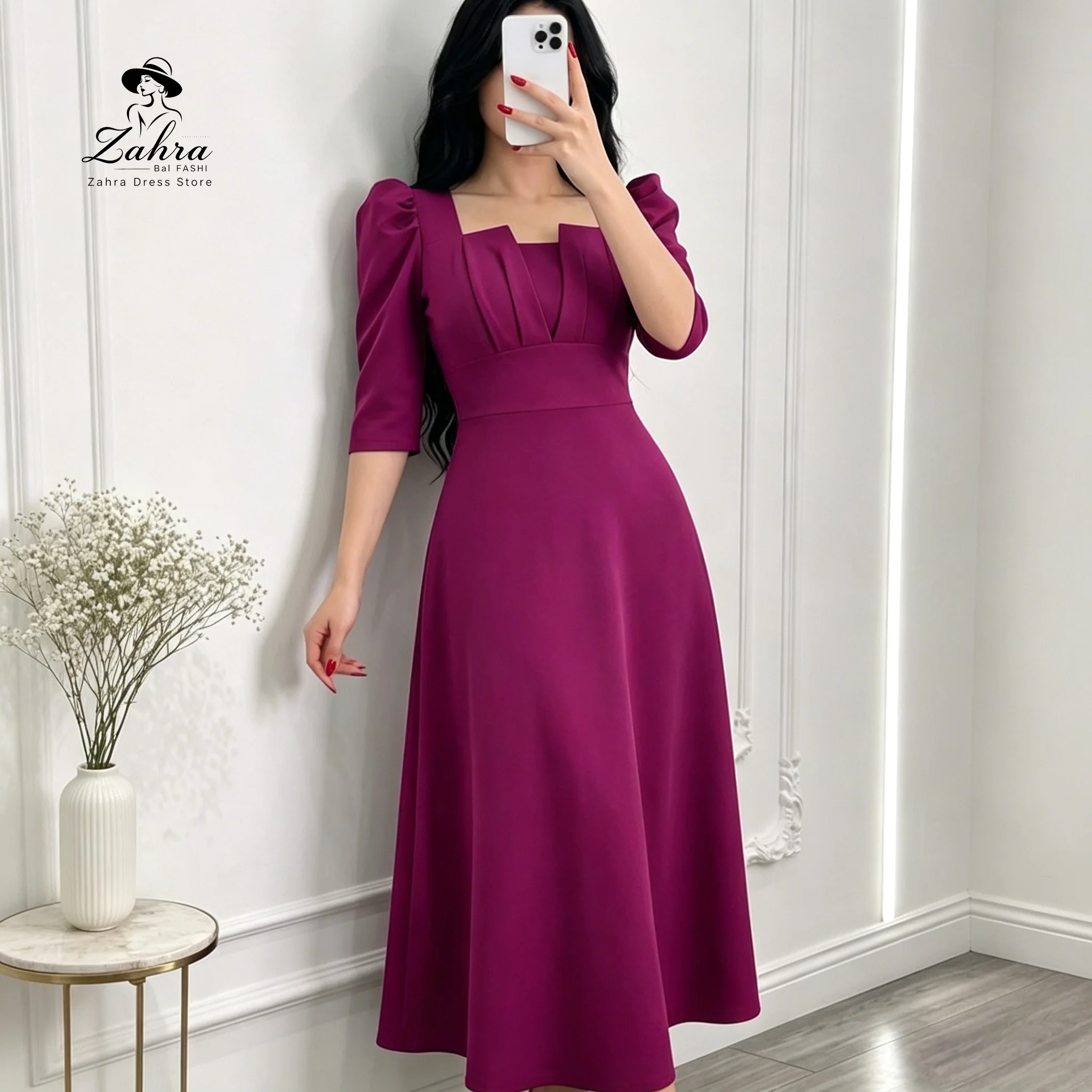 Vestidos de Fiesta Retro Franceses en Color Magenta, Vestidos de Noche con Mangas Abullonadas, Vestidos de Fiesta Ajustados y Evase, Vestidos para Invitadas de Boda