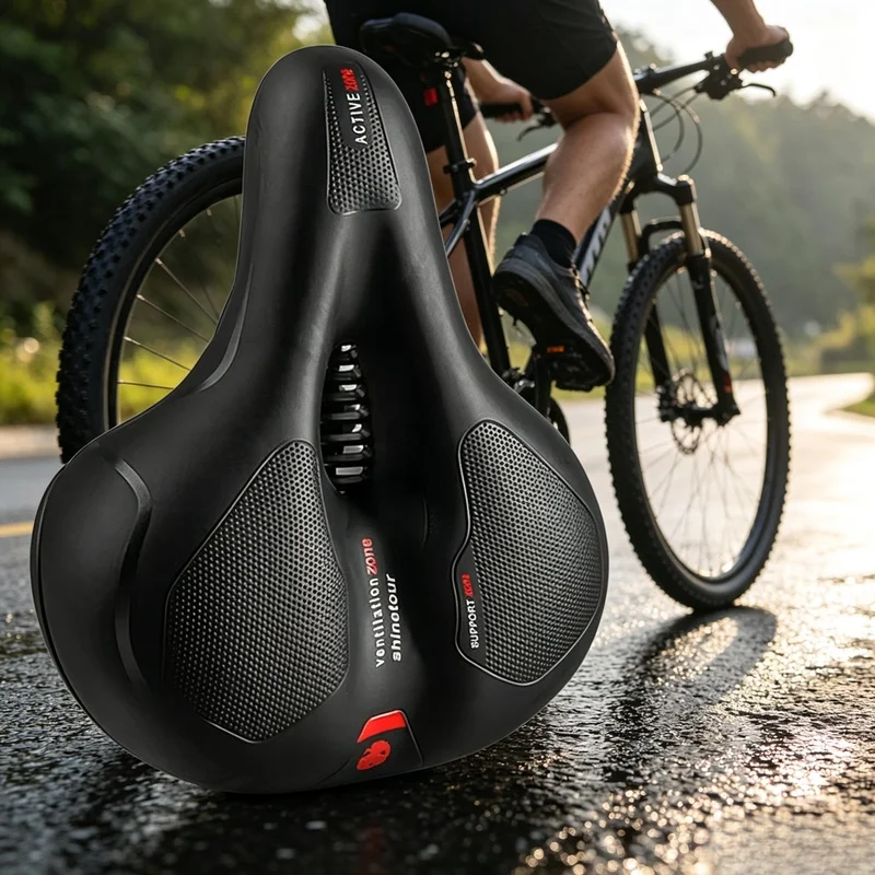 Hollow Breathable Shock Absorbing Bike Saddle, Comfort Wide Seat for Men Women MTB Road Bike with Safety Warning