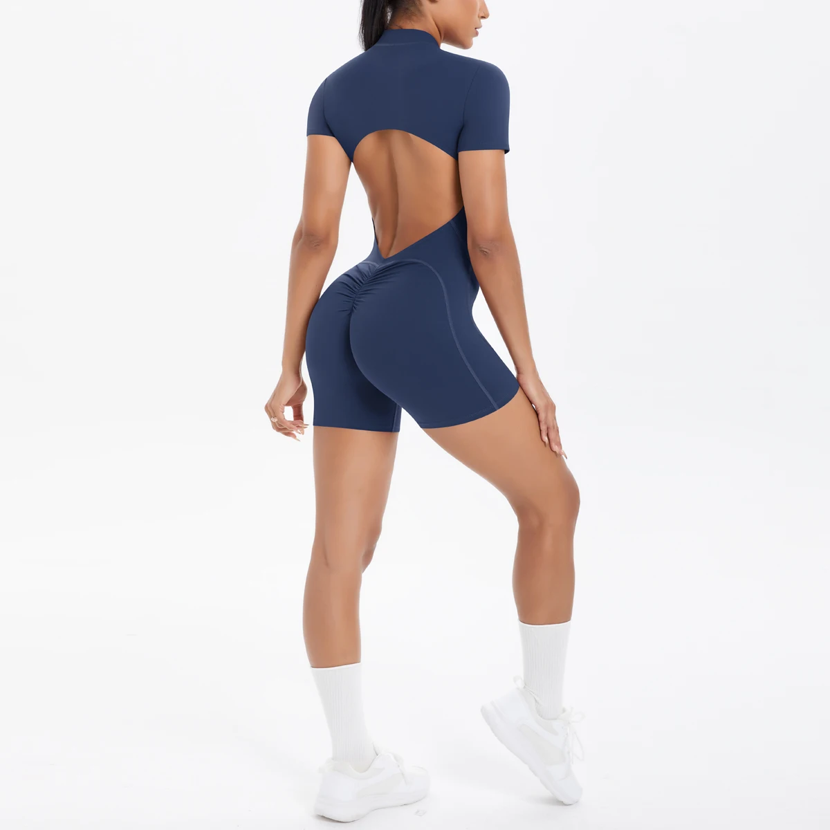 Ausgehöhlter, rückenfreier, kurzärmliger Reißverschluss-Overall für Damen, Overall, Yoga-Anzug, einteilige Legging, kurze Push-Up-Gymnastik-Yoga-Kleidung – Detail 27