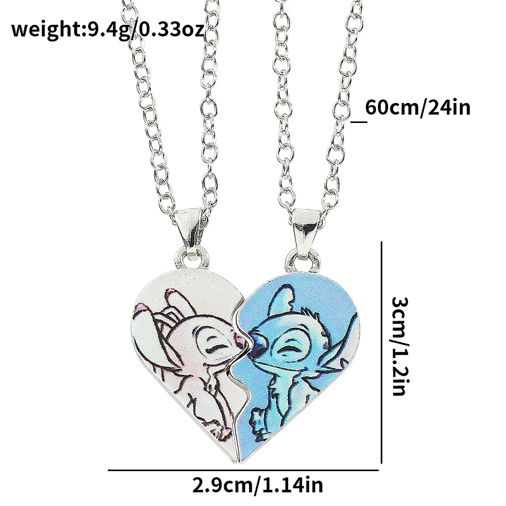 Disney Cartoon Stitch Angel Necklace for Women and Men, Sweet Heart, Couple Neck Chain, Love Jewelry Accessories, Gifts, 2 Pcs