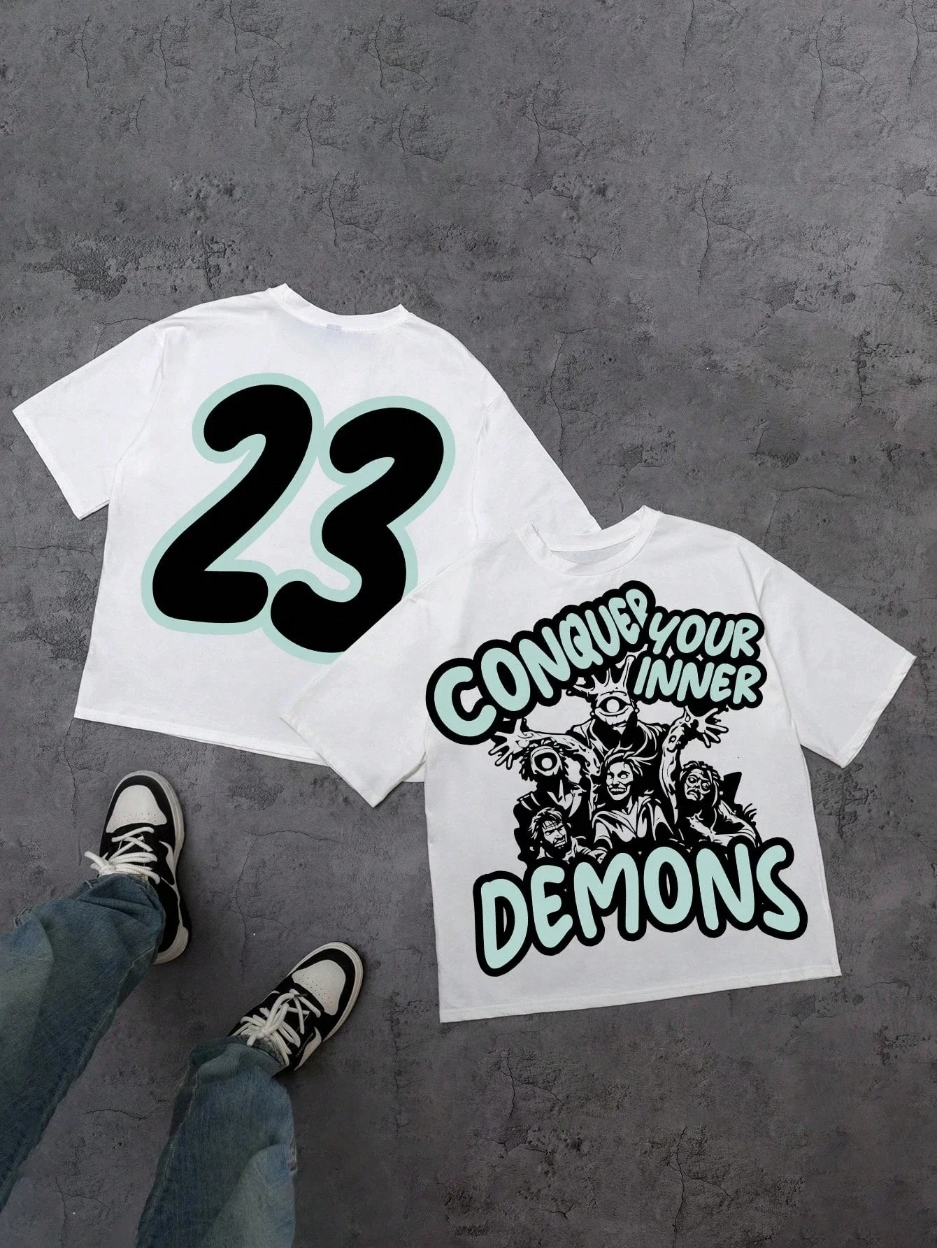 2026 New Family Matching T‑Shirt Street Graffiti Monster Figure Number 23 Front & Back Print Oversized Cotton Short Tops